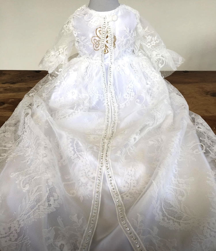 Lace and Satin Shamrock christening gown with diamond trim