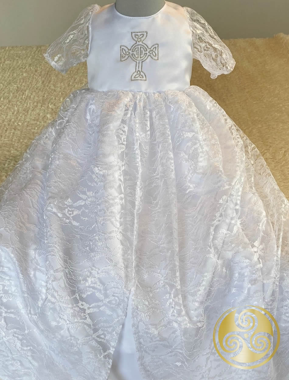 White Lace Gown with Celtic Cross White Embroidered in Silver